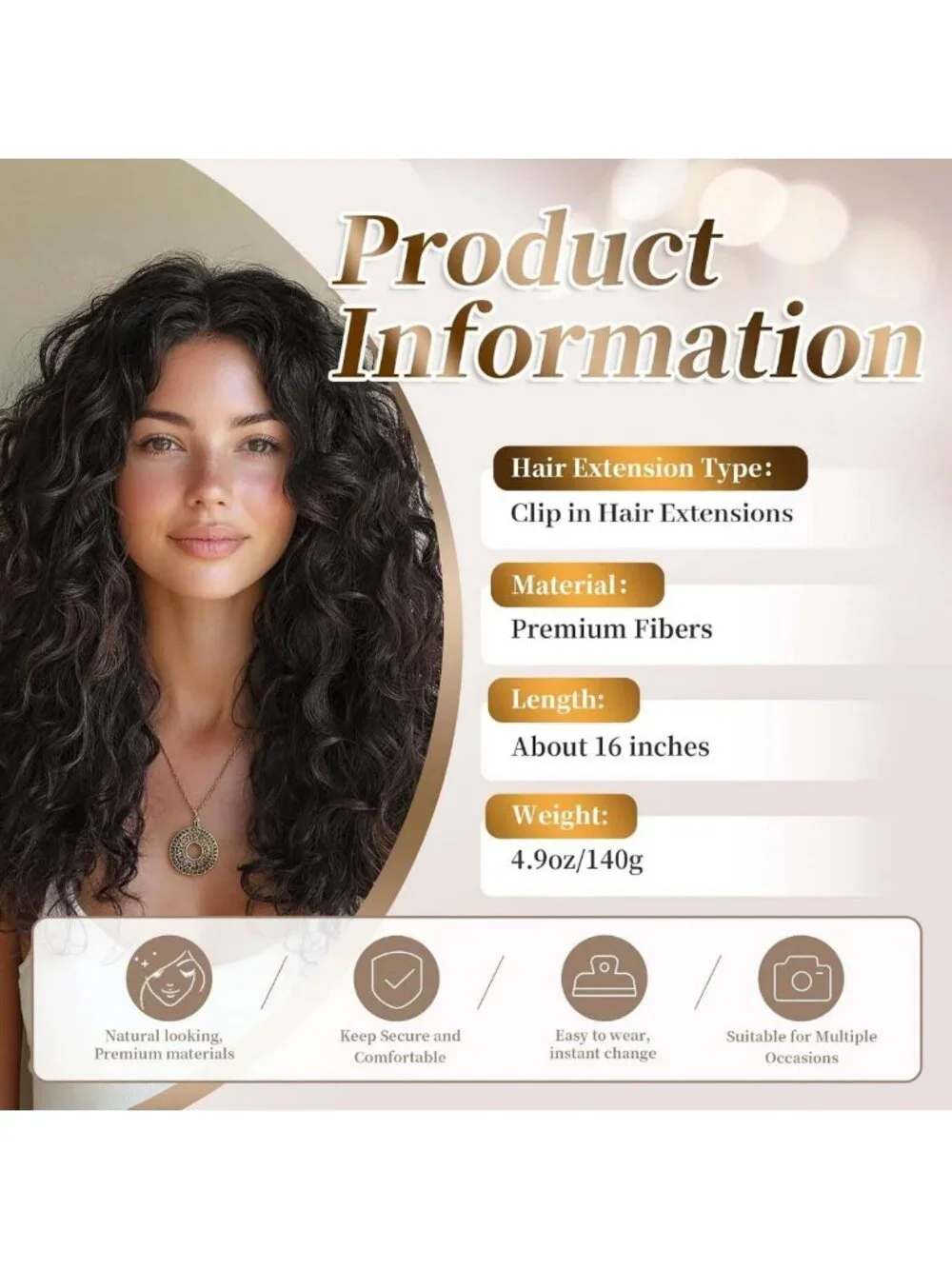 16 Inch Wavy Curly Clip-in Hair Extensions, 4 PCS Thick Soft Synthetic Hair